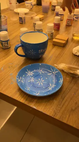 Hand-painted blue mug and snowflake plate with food-safe ceramic paint