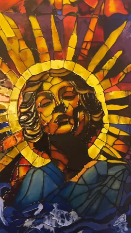 Large sun and madonna stained-glass style panel painted on glass
